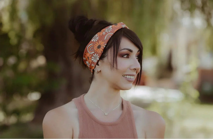 Orange and Brown Floral Rainbow Running Moisture Wicking Headband