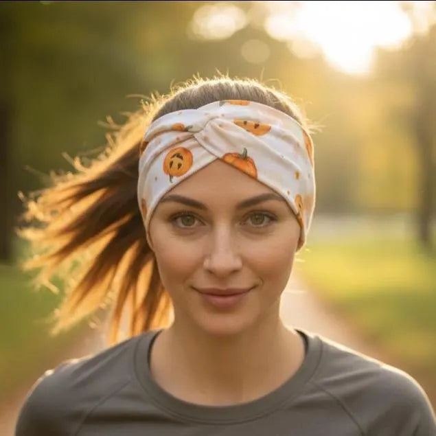A woman outdoors wearing a white twisted headband with a pumpkin print, with her hair tied back and a blurred park background.