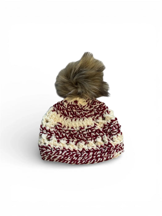 Red and Cream Beautifully Crocheted Beanie with Brown Pom 
