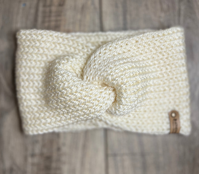 Creamsicle Off White Turban Twisted Ear Warmers for winter with signature leather tag 4' width