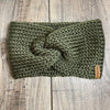 Army Green Knitted Turban Twist Headband in 4' width with our leather tags 
