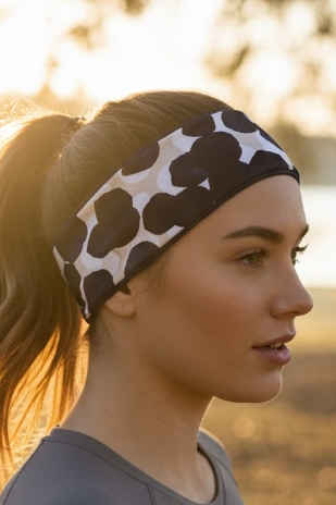 Woman wearing a patterned running headband with blue circles outdoors with a blurred natural background