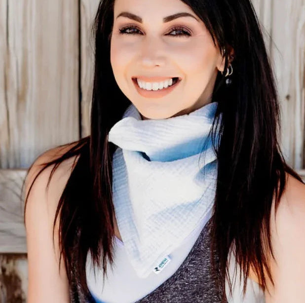 Light Blue Gauze fabric scarf used as a neck gaiter in this picture
