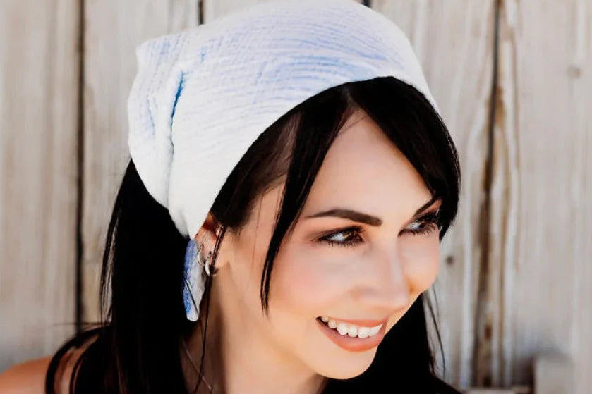 Light Blue Gauze fabric scarf used as a hair scarf in this picture