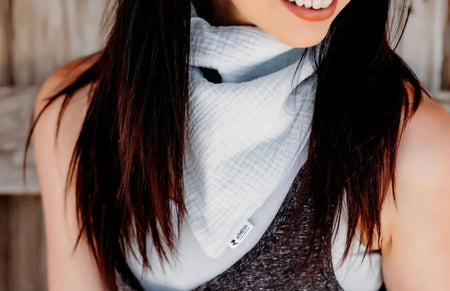 Light Blue Gauze fabric scarf used as a neck gaiter in this picture