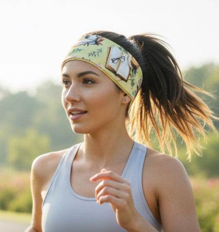 Woman running outdoors wearing a book lover headband