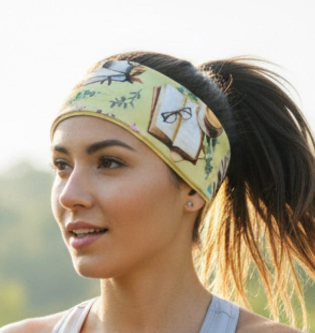 Woman running outdoors wearing a book lover headband