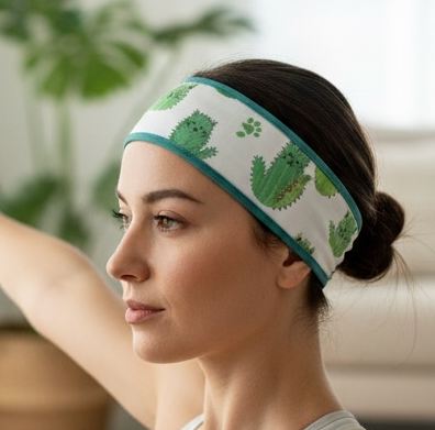 Yoga Headband with green cats as cactus on white background