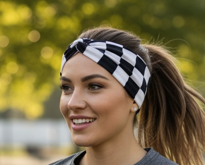 Woman seen running with black and white checkered headband on.