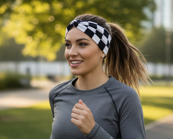 Woman seen running with black and white checkered headband on.