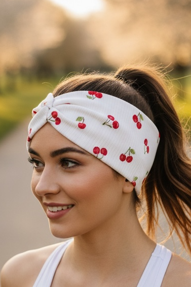 Woman running outdoors wearing a white tank top and cherry-patterned headband.