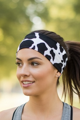 Woman running in a park wearing a gray tank top and black leggings with a cow print headband.