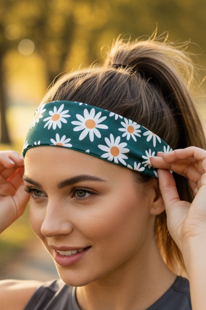Woman wearing a floral headband outdoors with trees in the background