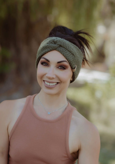 Military Green Turban Twist Knotted Headband with siganture Athena leather tag