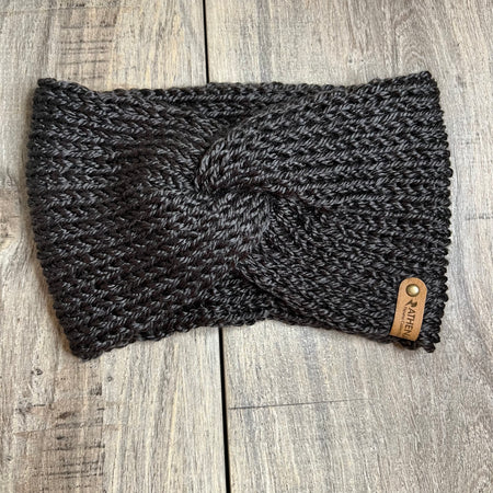 Dark Grey Knitted Knotted Turban Headband for Winter