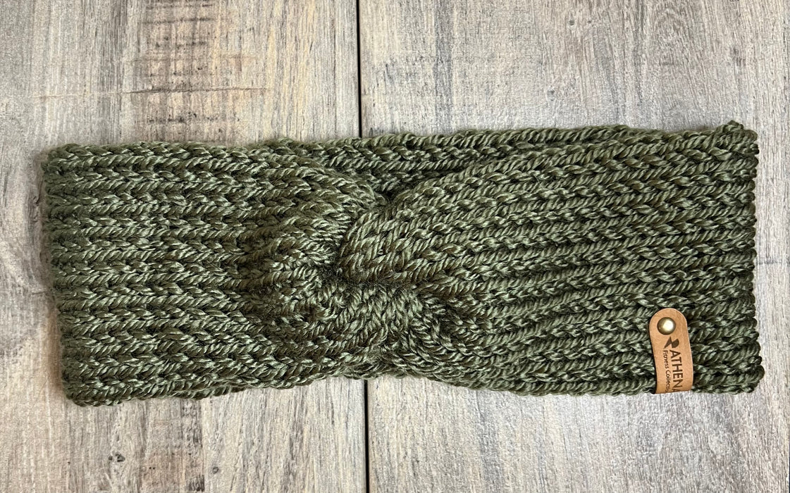 Army Green Knitted Turban Twist Headband in 3' width with our leather tags