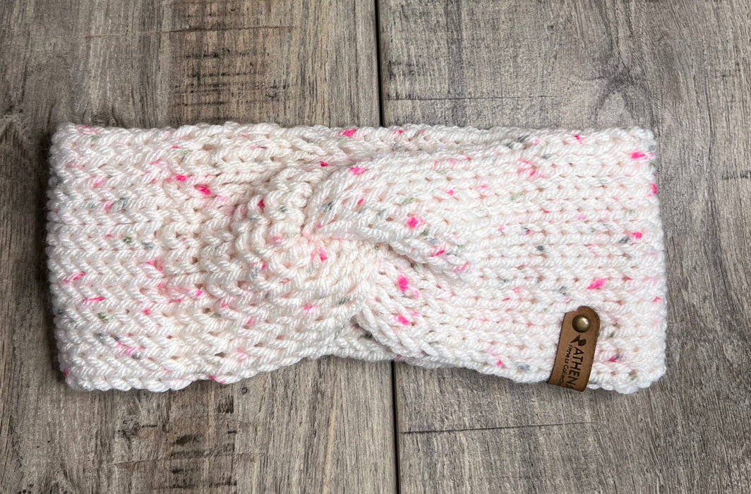 Pink and White Knitted Knotted Ear Warmers for Winter