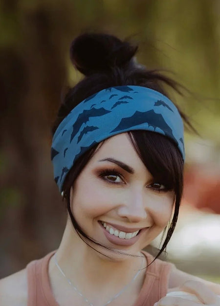 Black bats on a grey background with knot in back turban twist headband