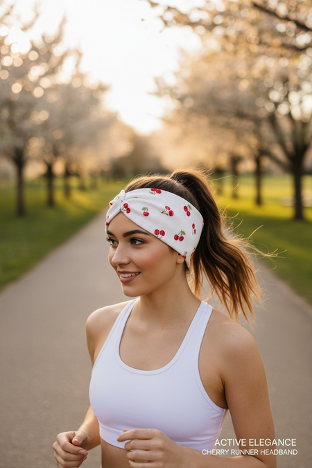 Woman running outdoors wearing a white tank top and cherry-patterned headband.