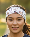 Woman running with workout headband of a white background and glasses and magic broom