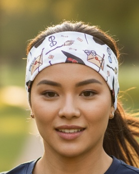 Woman running with workout headband of a white background and glasses and magic broom