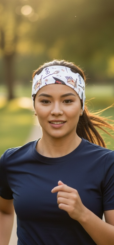 Woman running with workout headband of a white background and glasses and magic broom