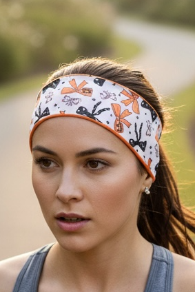 Woman wearing a running headband with orange and black ribbon bows