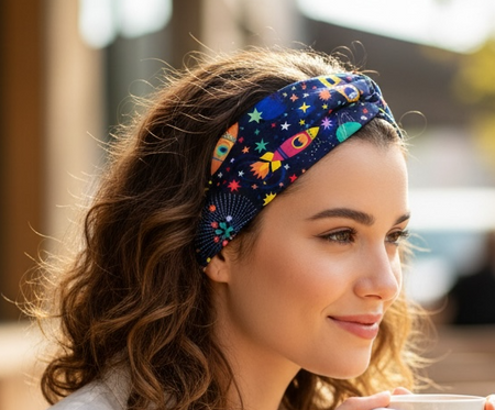 Woman holding a mug outdoors with a blurred background with an outer space headband