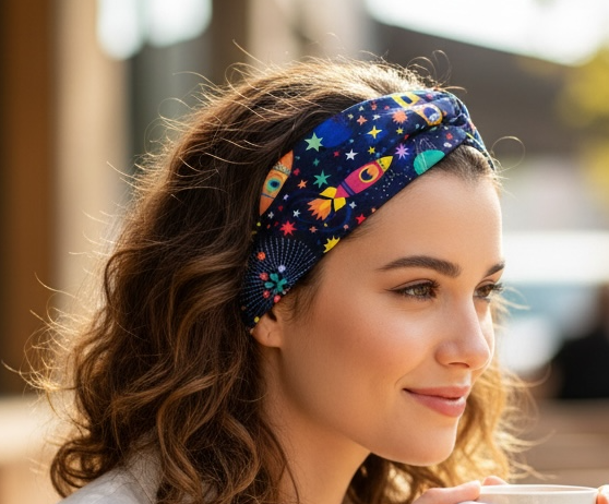 Woman holding a mug outdoors with a blurred background with an outer space headband