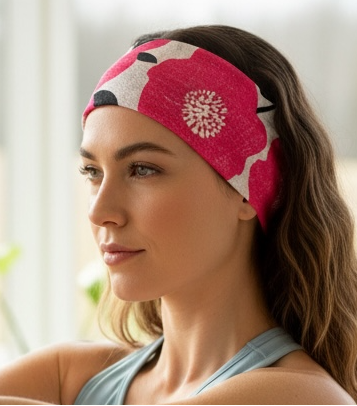 Woman exercising indoors with a pink headband and light blue sports bra.
