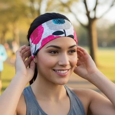 A woman in a gray athletic tank top wearing a colorful floral-patterned headband, adjusting it in an outdoor park setting.