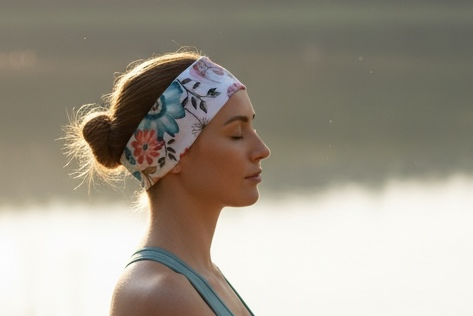 Woman meditating on a wooden deck by a lake at sunset