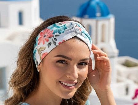 Woman in a light blue dress with a floral headband sitting on a rooftop with a scenic view of Santorini.