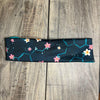 Dark Blue background with cream and pink flowers scattered throughout the serotonin molecule