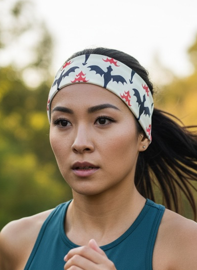 A woman jogging outdoors on a paved path, wearing a teal athletic tank top, black leggings, and a patterned white headband with black bats and red flowers.