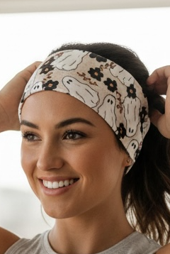 Woman in gray and white ghosts' fitness headband with black and brown flowers scattered throughout
