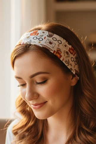 Athena Fitness Collections white workout headband with wizard inspired print featuring glasses, letters, keys, scarves, and magical symbols on wood background