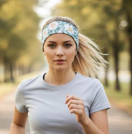A woman jogging outdoors wearing a light blue floral athletic headband and a gray t-shirt, with a blurred park background.