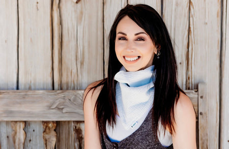 Light Blue Gauze fabric scarf used as a neck gaiter in this picture