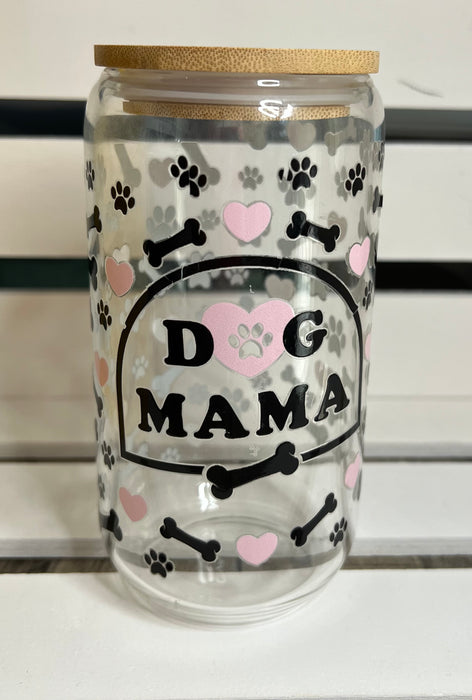 Dog Mama 16oz cup with black dog bones and paws with pink hearts scattered throuhgout