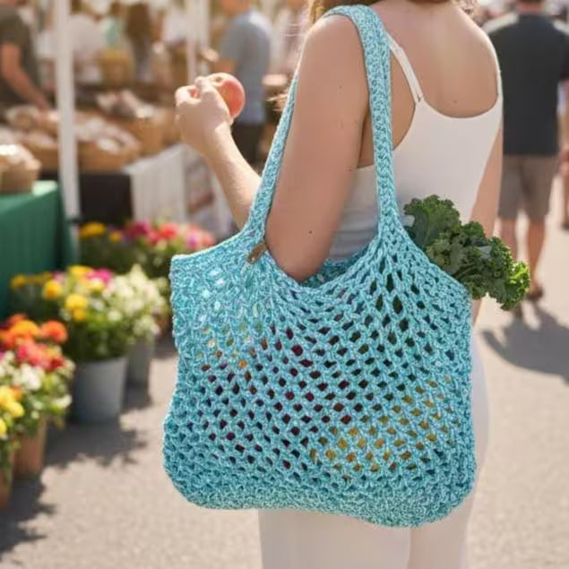 A woman at an outdoor farmers market carries a large, light blue crocheted mesh tote bag over her shoulder while holding a green vegetable.