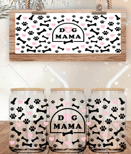 Dog Mama 16oz cup with black dog bones and paws with pink hearts scattered throuhgout 